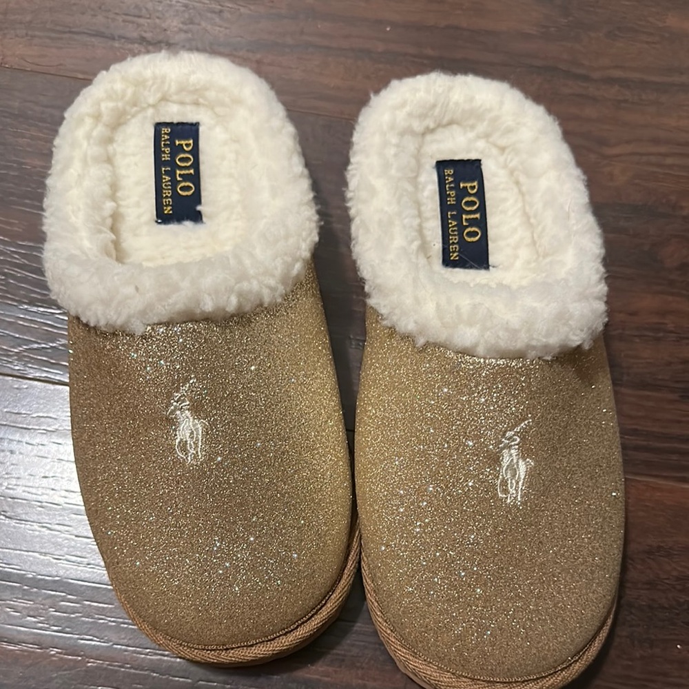 Polo by Ralph Lauren Kids Gold Glitter Slippers size 4 like new